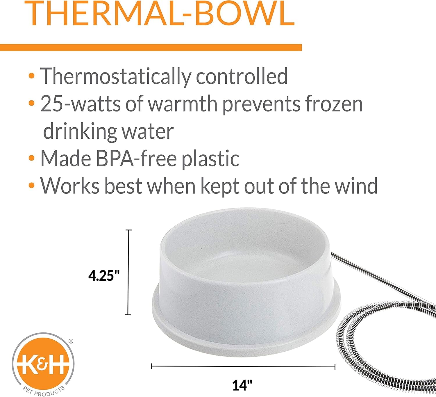 Thermal-Bowl Heated Water Bowl for Cats & Dogs Outside, Safety Listed Outdoor Heated Dog Dish for Pets, Automatic No Freeze, anti Chew Cord - 1.5 Gallons Granite 25W | Outdoor Water Stays Unfrozen in Winter. Outdoor Heated Dog Dish for Pets, Automatic No Freeze, anti Chew Cord, 1.5 Gallons