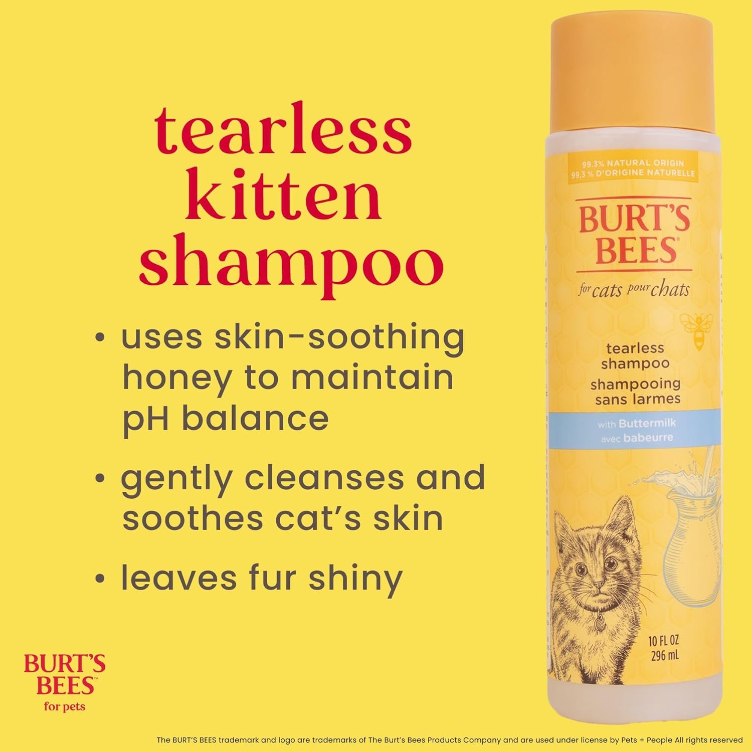 Burts Bees for Pets Tearless Kitten Shampoo with Buttermilk, 10 Fl Oz | 99% Natural Origin Formula for Sensitive, Itchy Skin; Ph-Balanced and Fragrance-Free for Kittens